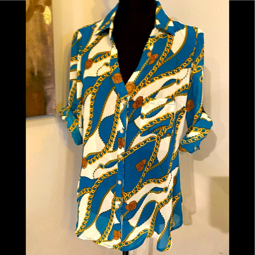 EUC Status Chain Print Red Camel Top